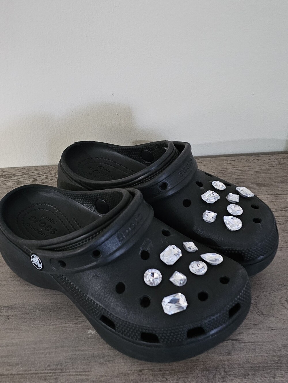CROCS Black Classic Platform Clog with Clear Jewel Charms Women 7